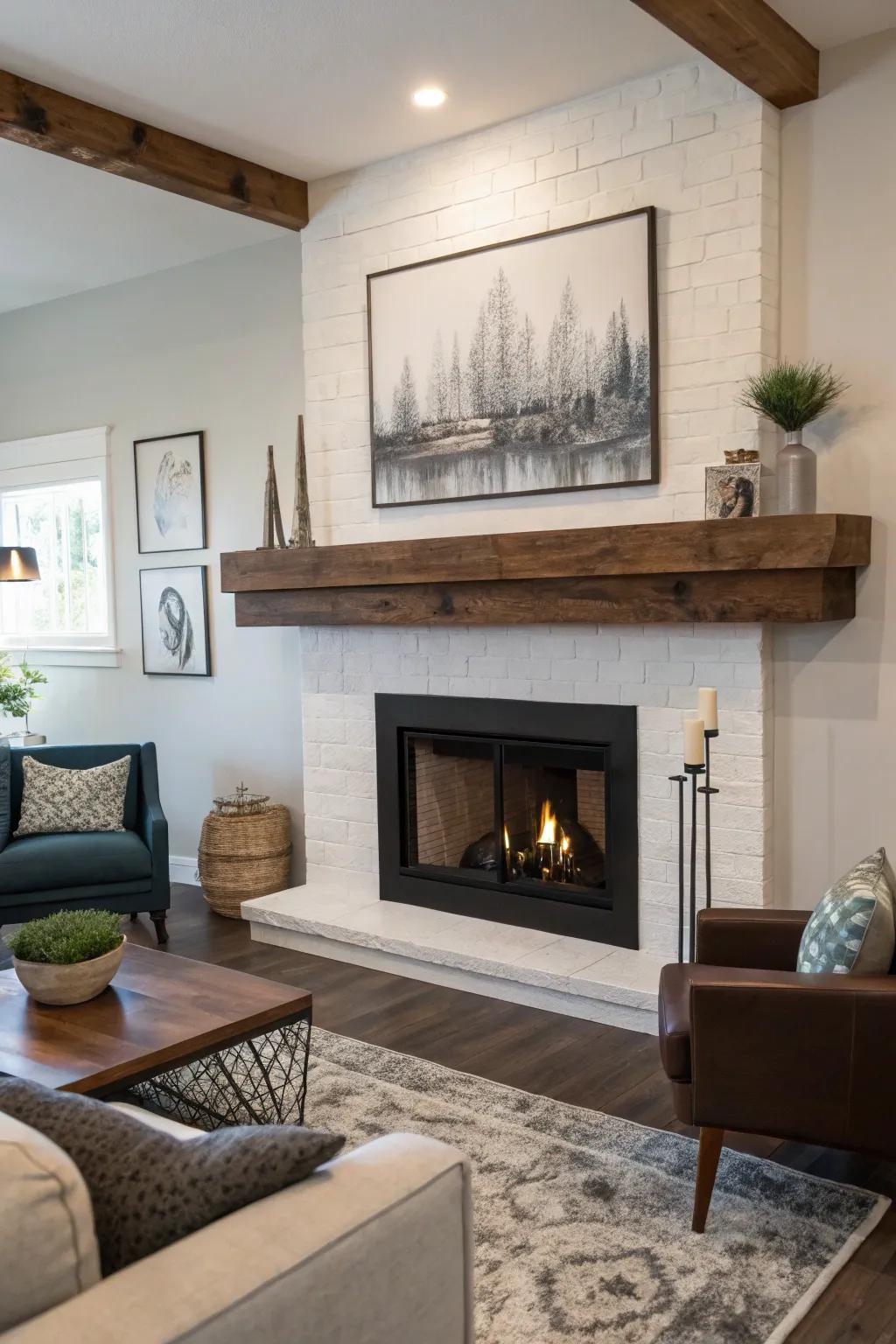 A living space featuring a suspended wood ledge above a fireplace, with modern embellishment accents.