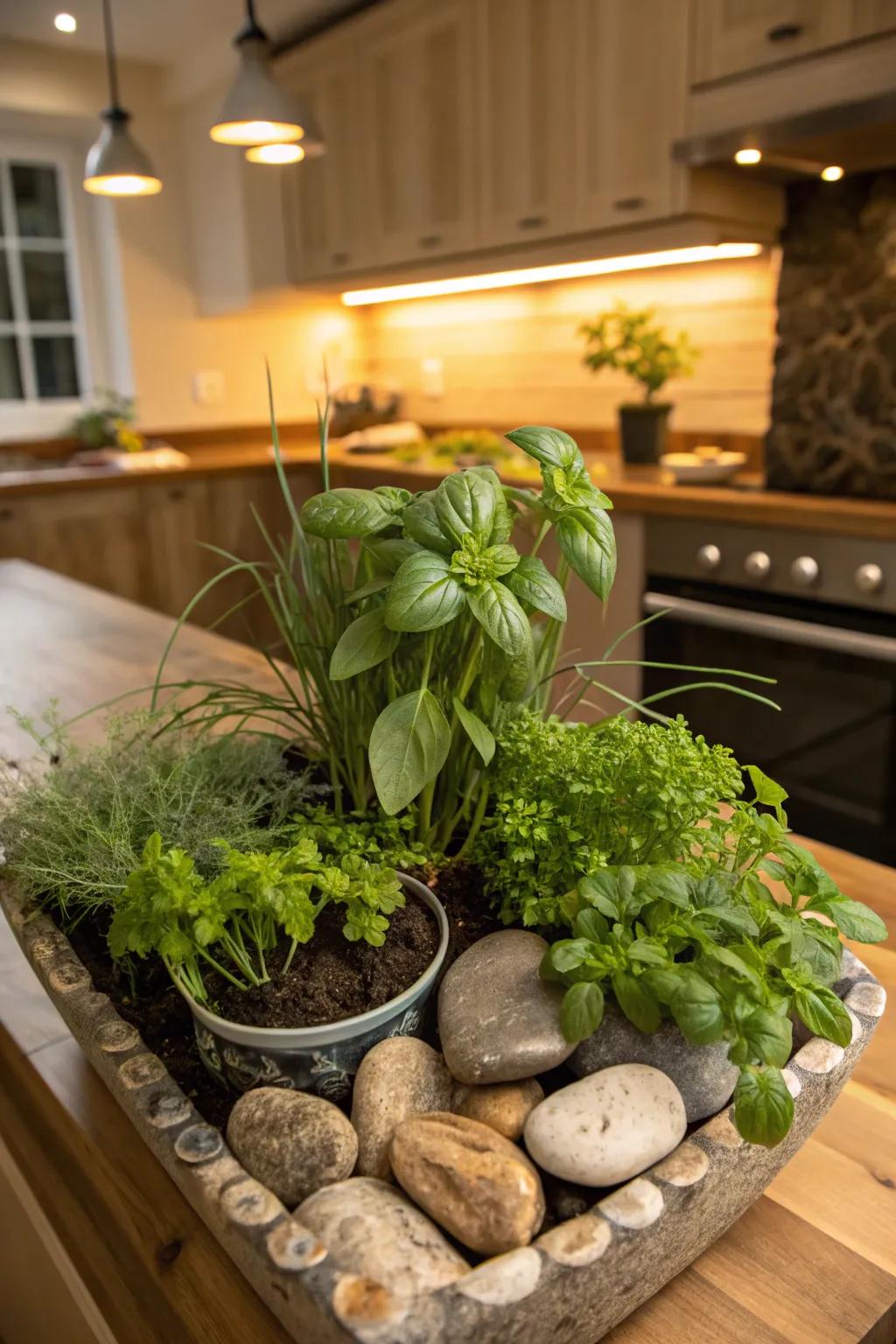 Stones and herbs merge for a functional, scented arrangement.