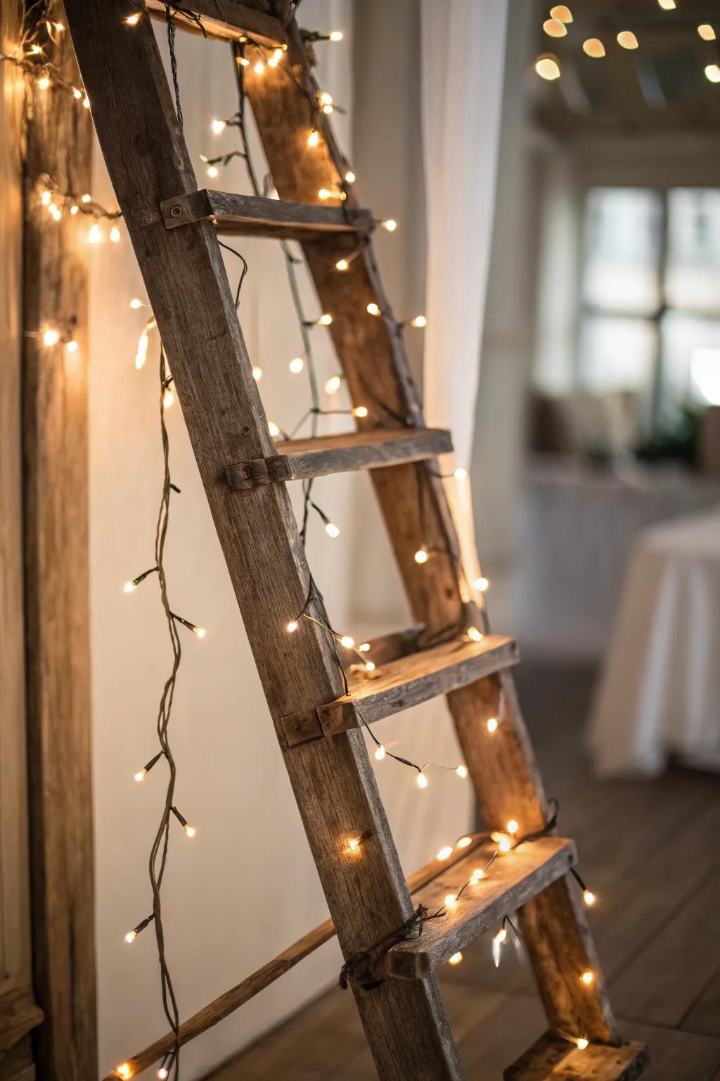 Add charm to any space with a rustic ladder adorned with twinkle lights.