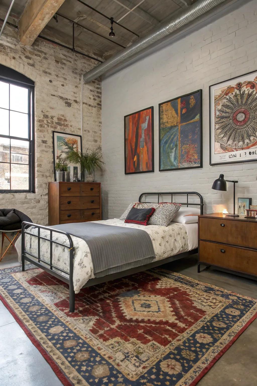 Distinctive decor accents infuse character into this industrial bedroom.