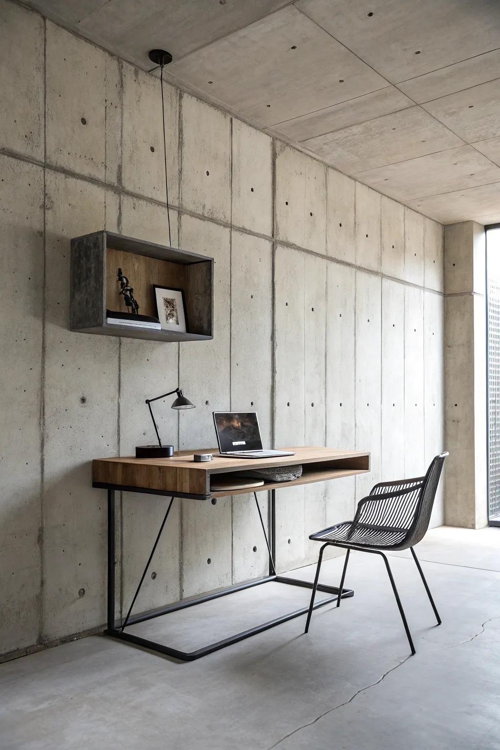 A free-floating desk provides a sleek and modern industrial aesthetic.