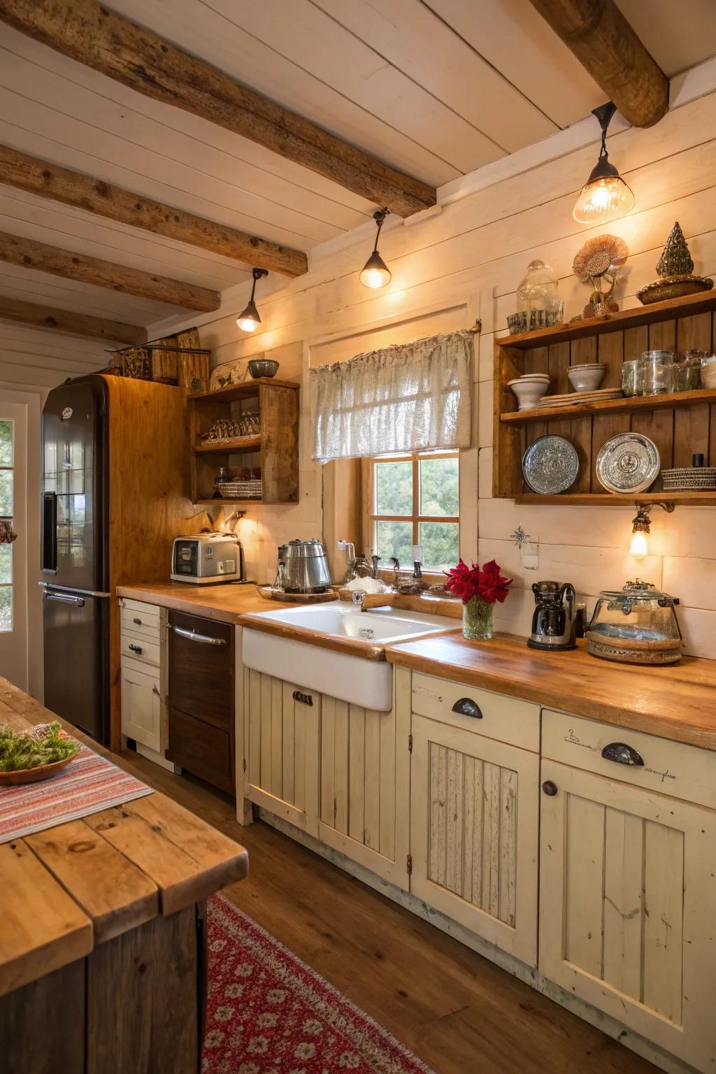 Wide-plank wood countertops create a cozy and welcoming ambiance.