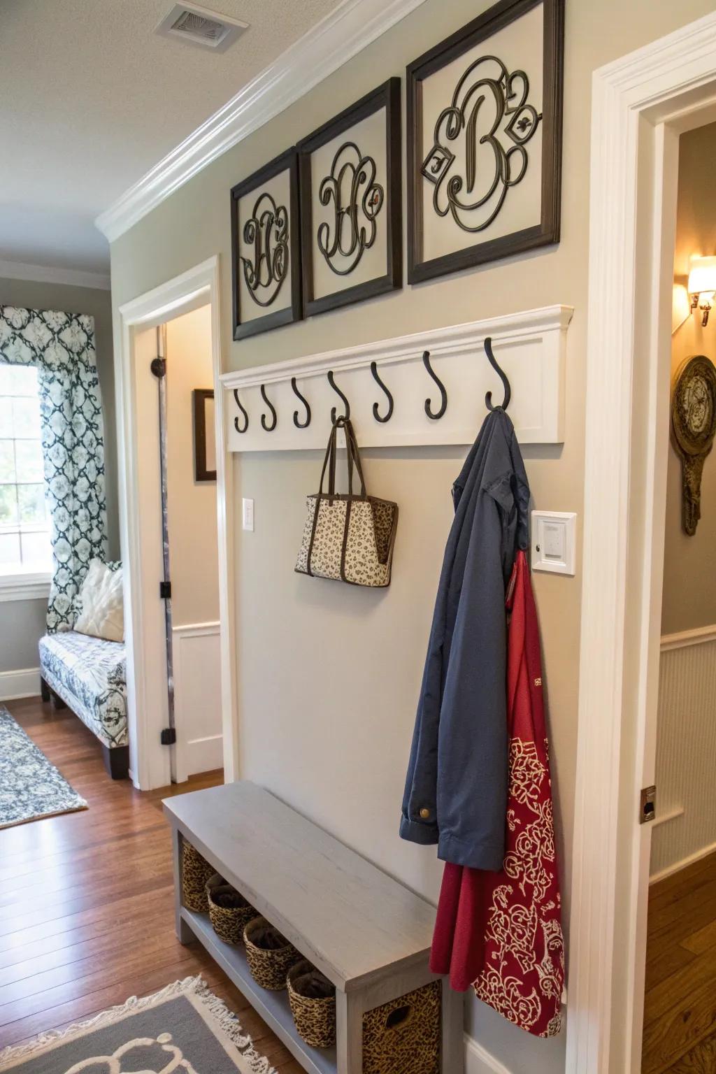 Keep things organized using stylish monogram wall hooks.