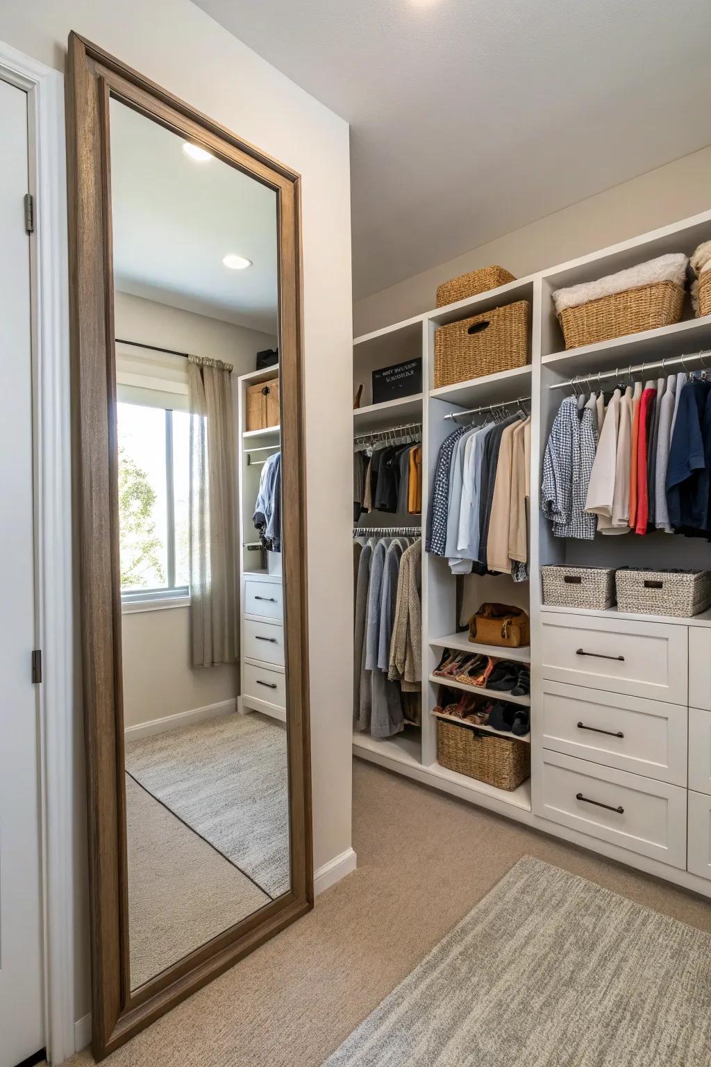 Expand your closet's functionality using a floor-standing looking glass.