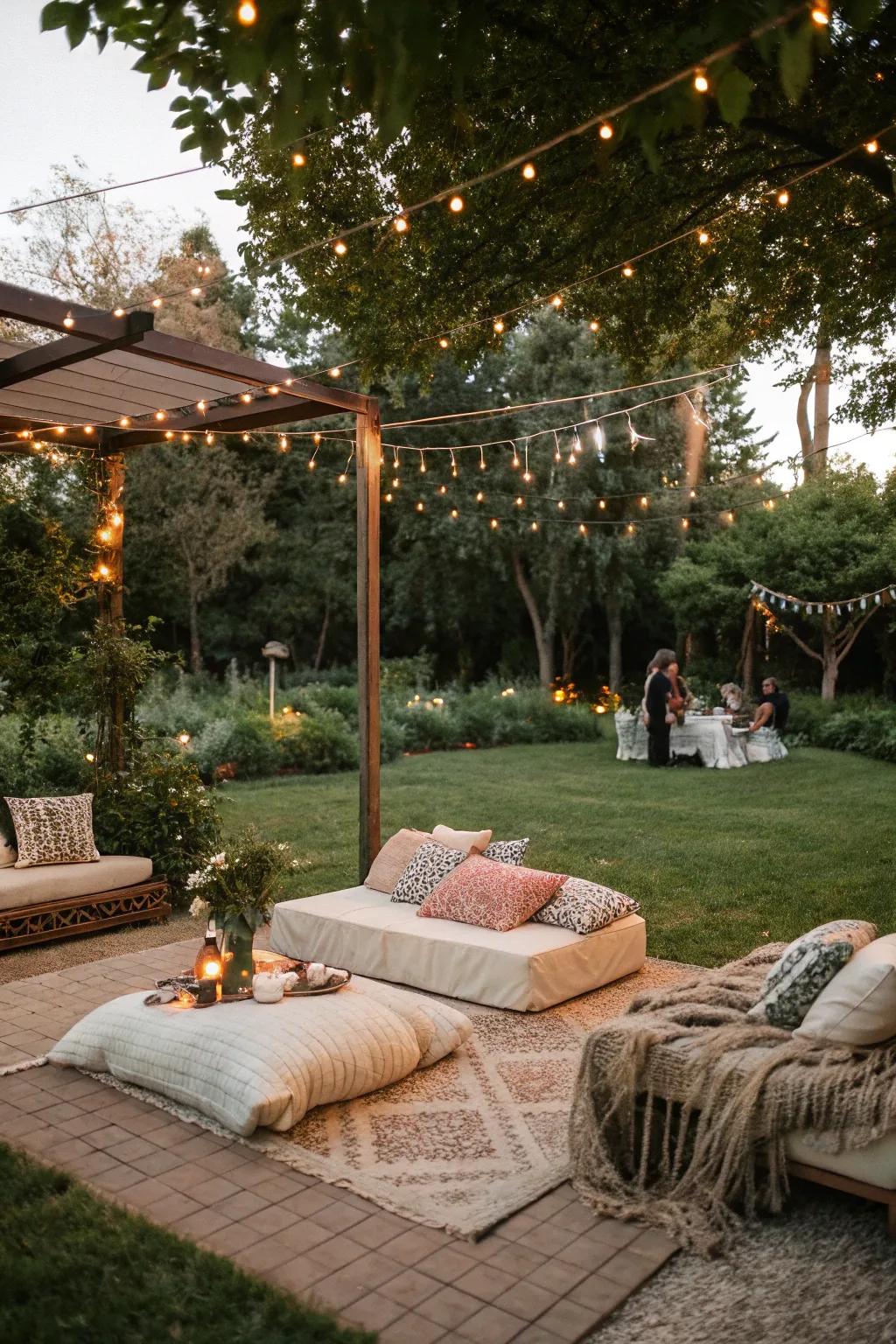 A cozy relaxation zone encourages visitors to relax and savor the evening.