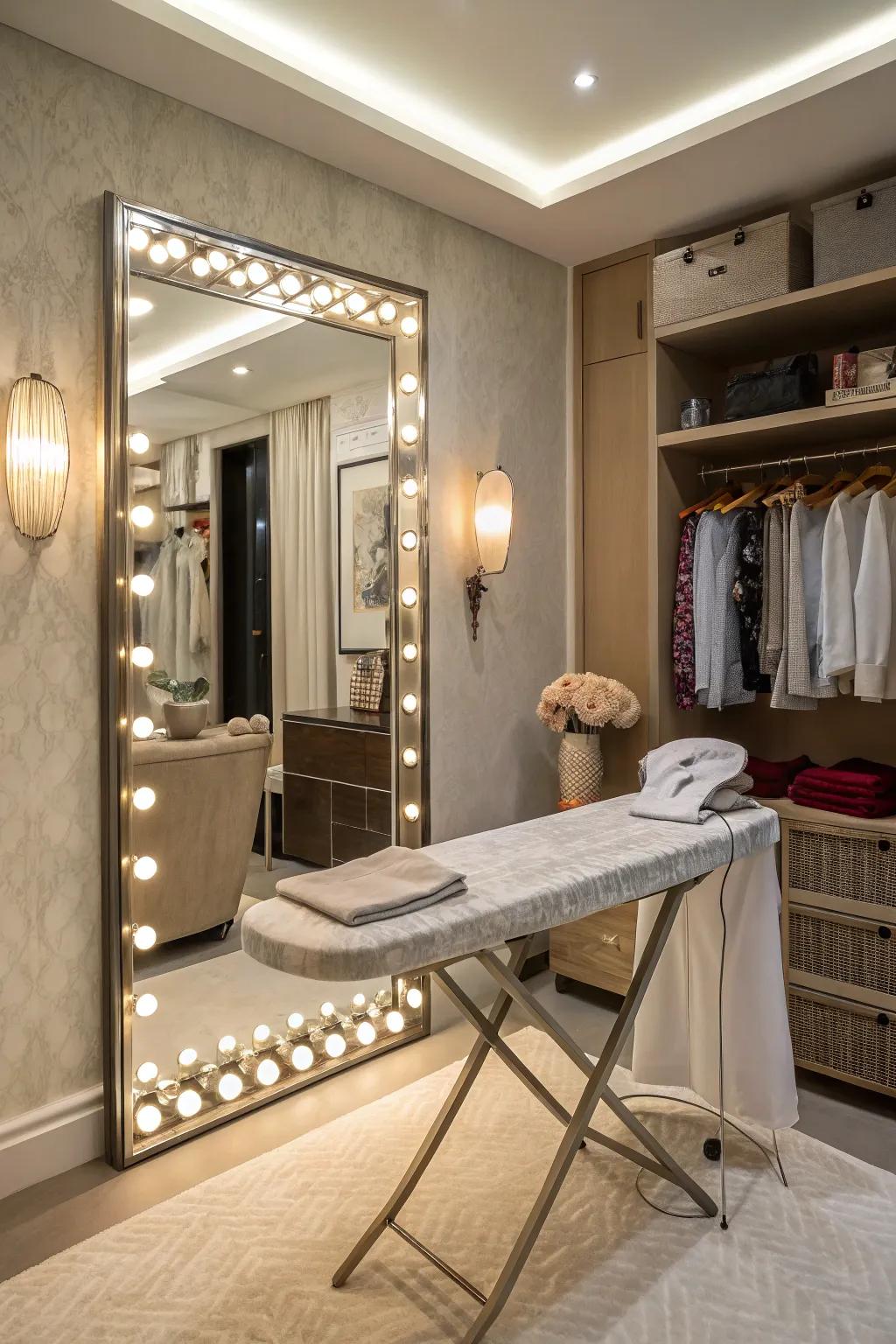 A mirror that cleverly transforms into an ironing surface.