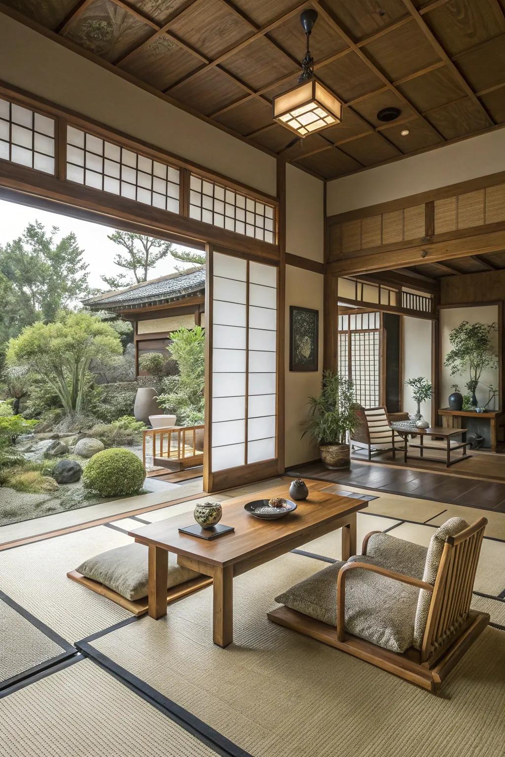 Cane features beautifully integrate nature into this living space.