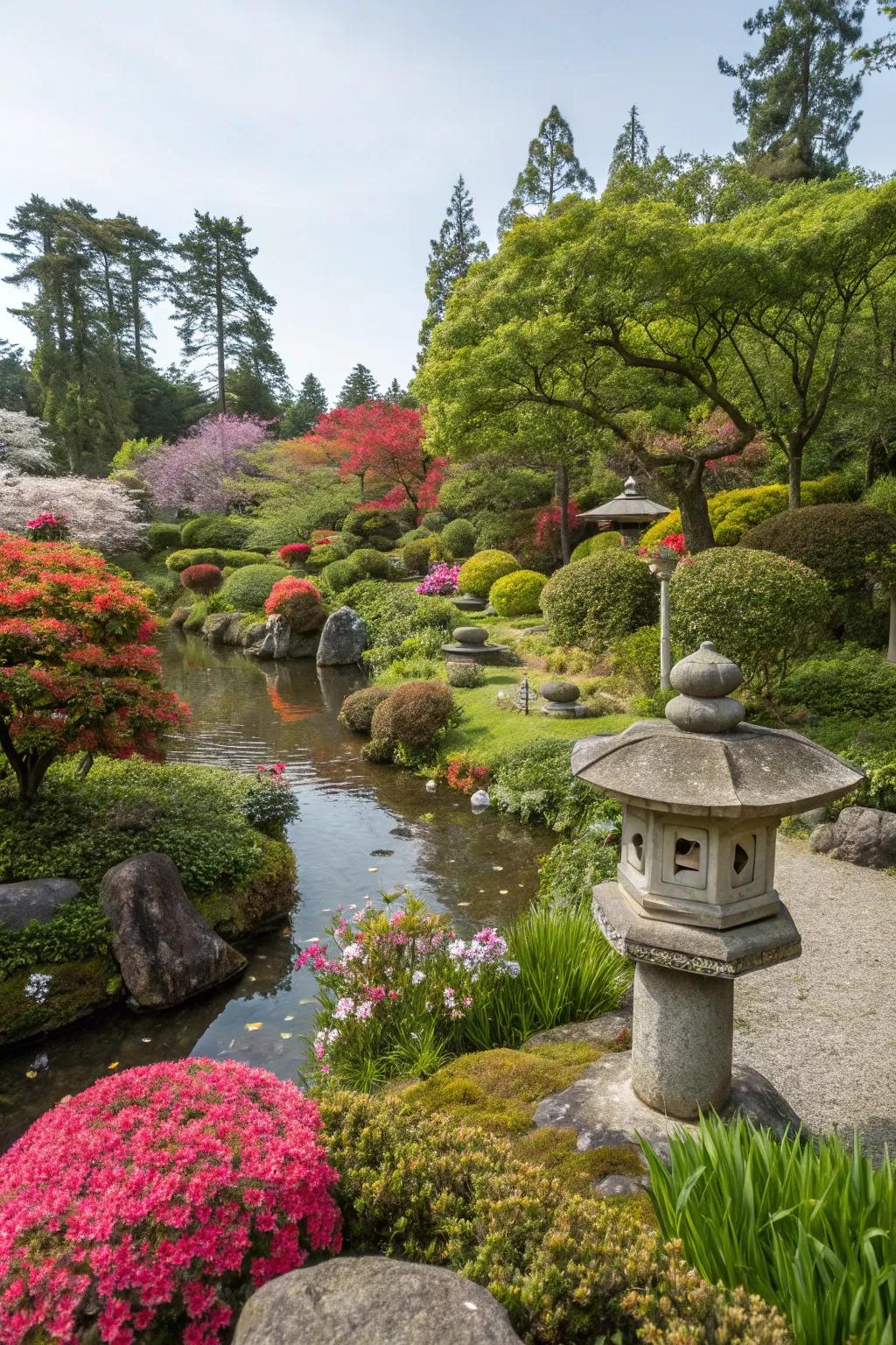 Brilliant seasonal leaves and flowers featured in a Japanese garden.