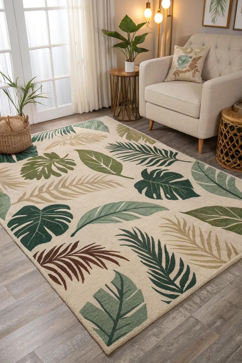 A statement rug can beautifully anchor your jungle-themed room.
