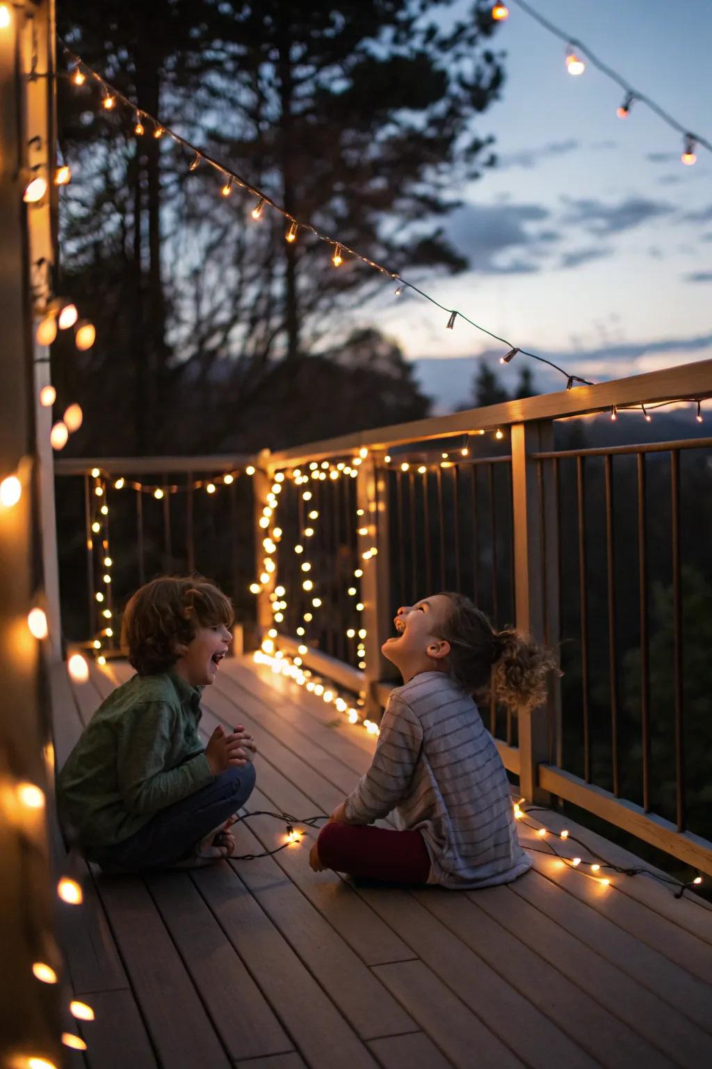 A deck aglow with solar fairy lights at twilight, where kids are joyfully engaged in play.