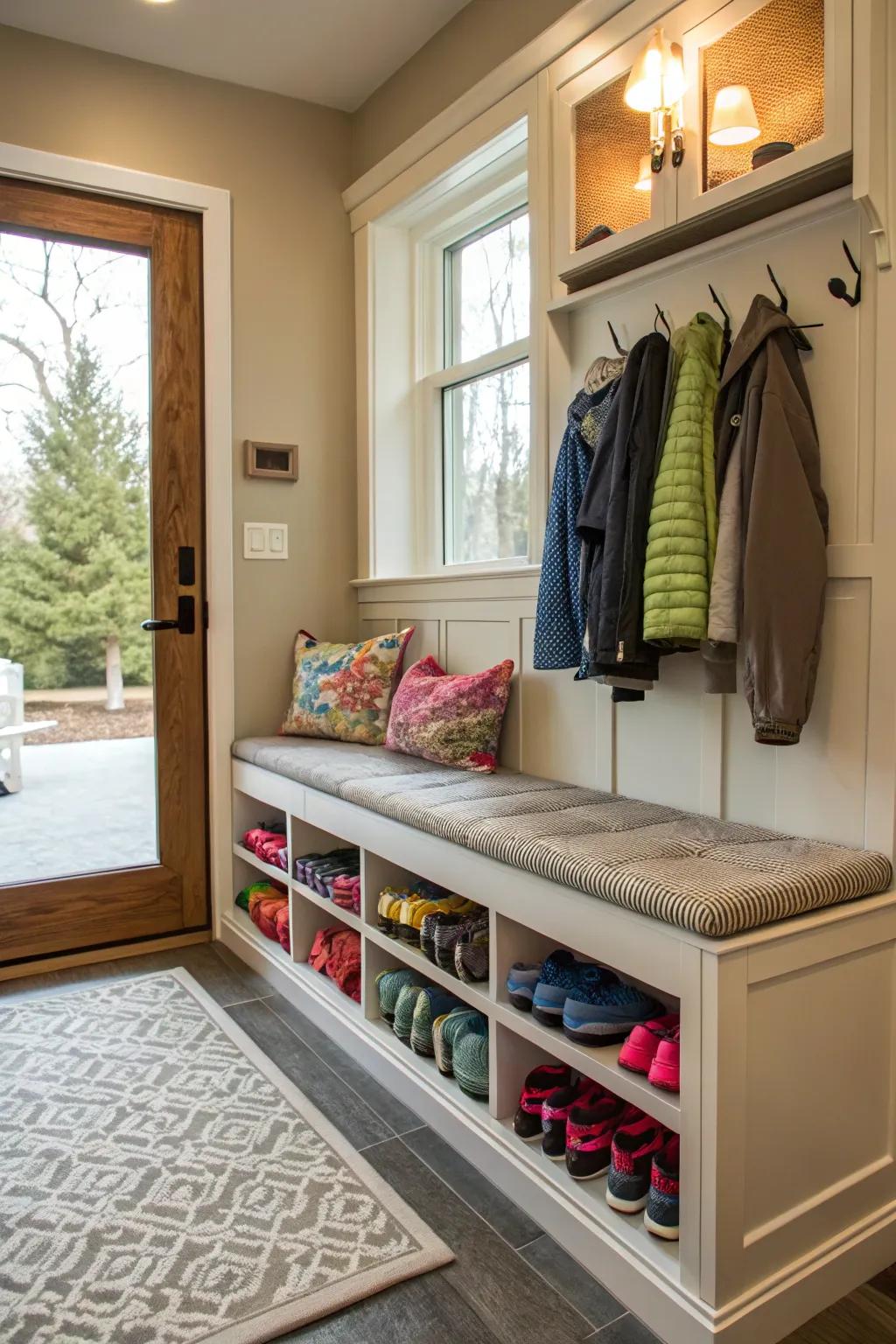 Combine seating and storage with multifunctional benches.