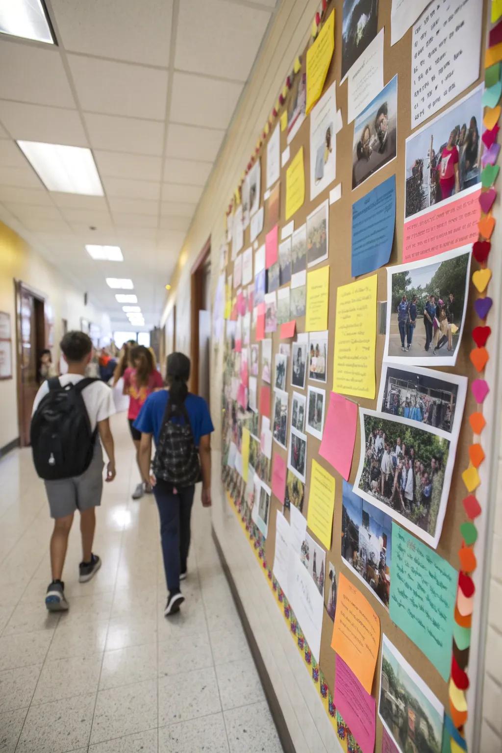 A hallway kindness reflection path with photos and notes celebrating past kind acts.