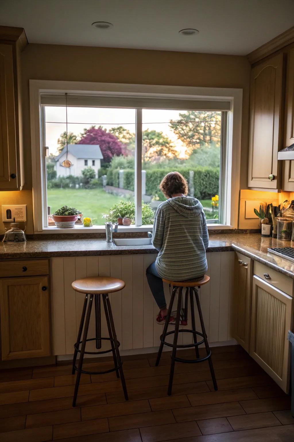 A windowsill bar offers a bright and comfortable dining space.