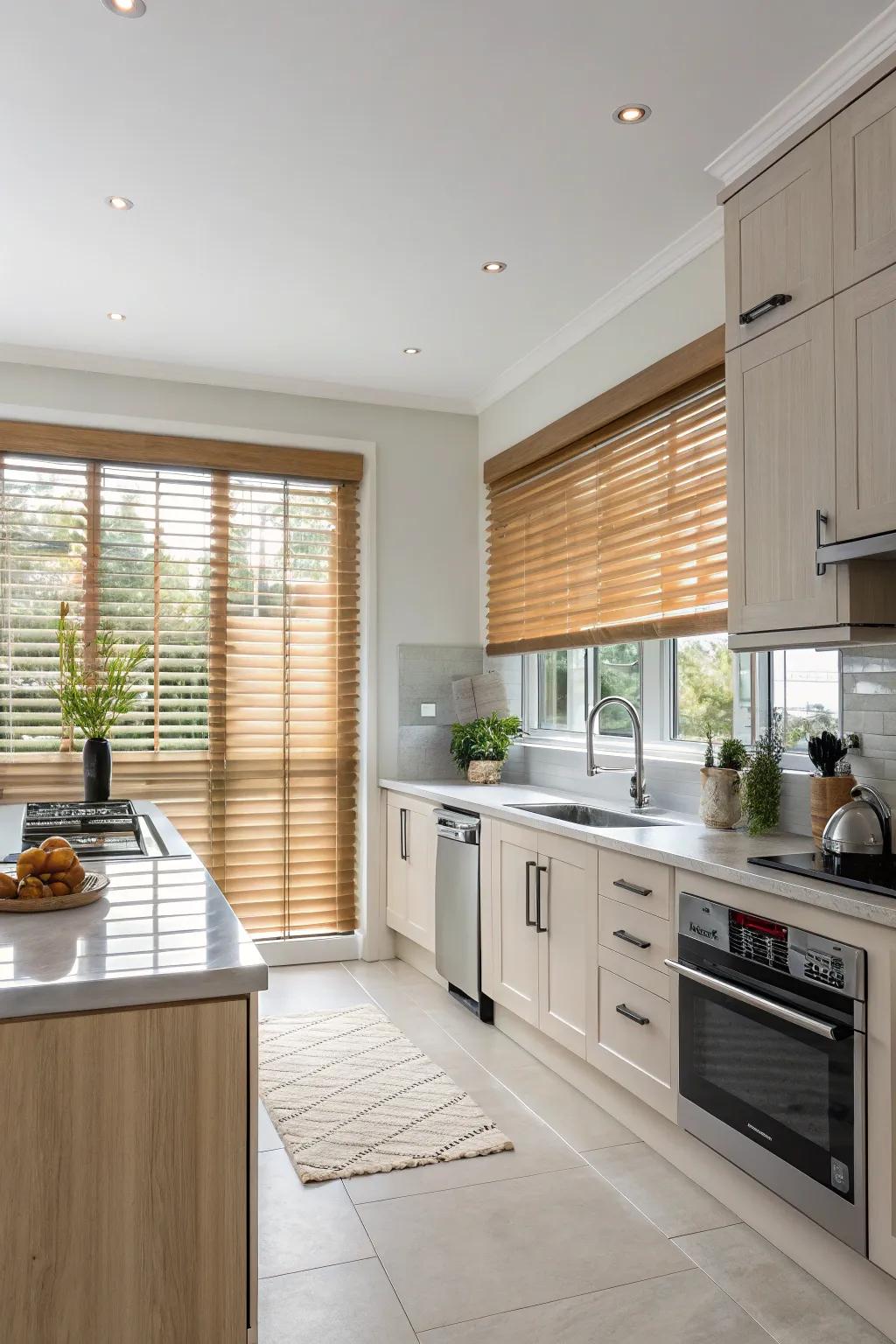 Contemporary kitchen with faux wood blinds