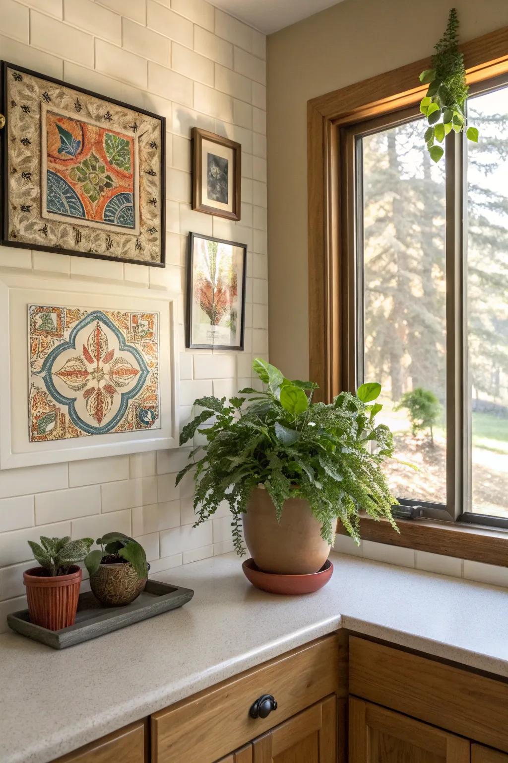 Decorative pieces add personality and charm to kitchen corners.