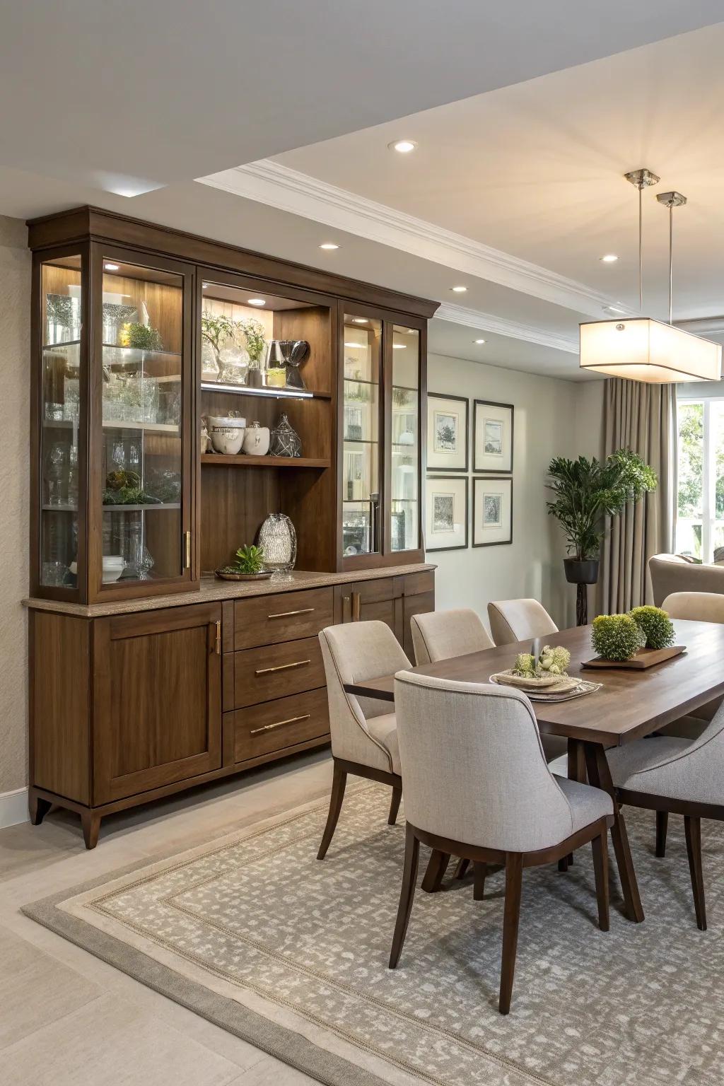 An integrated sideboard enhances flow between the kitchen and dining area.