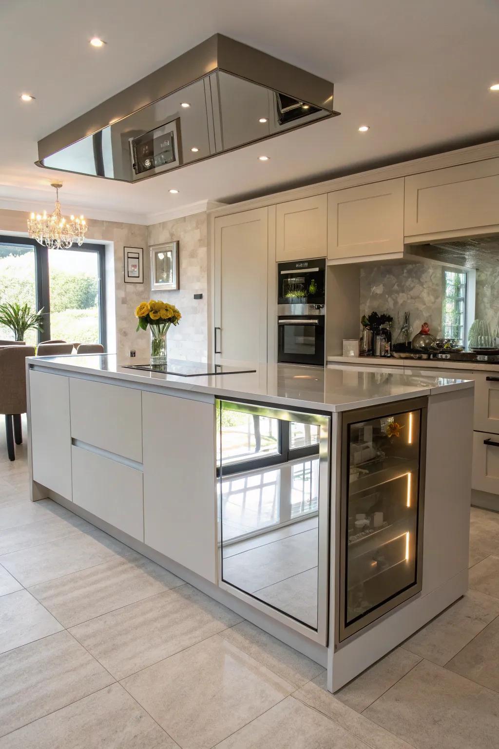 Reflective rear facades reflect illumination beautifully, fashioning a sensation of spaciousness in this cooking area.