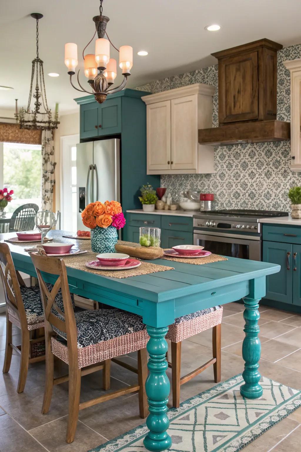 Bold palette choices create a vibrant kitchen atmosphere.