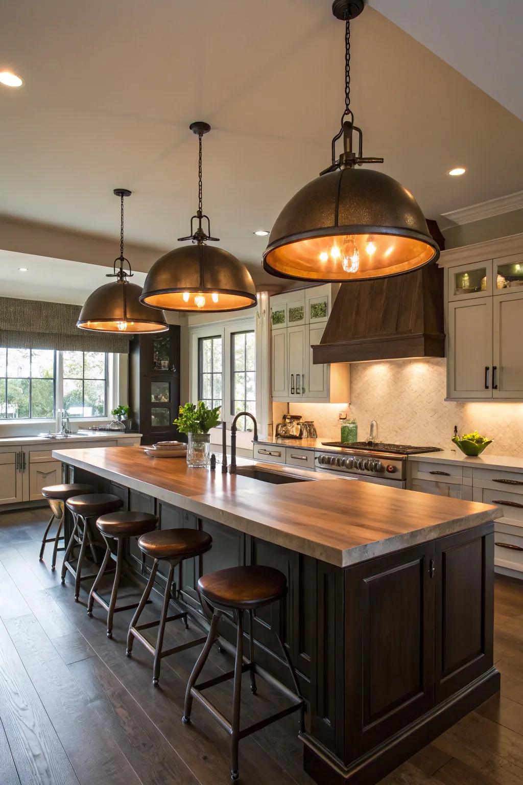 Large fixtures deliver a strong statement over the cooking island.