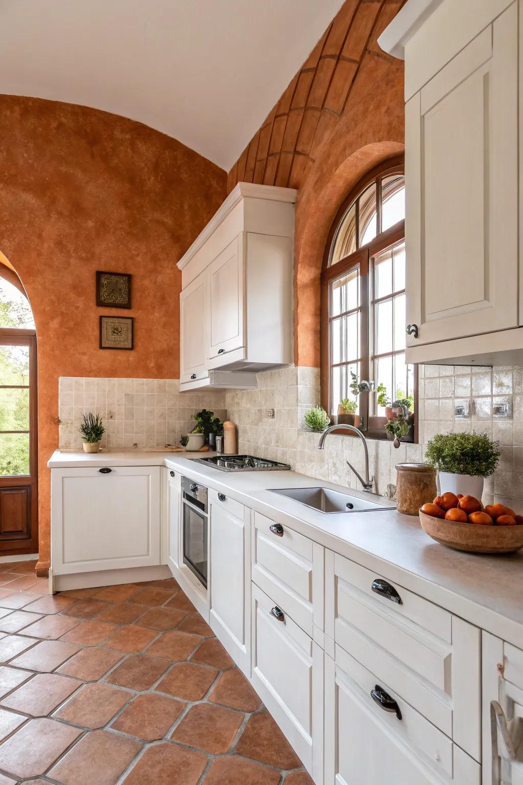 Terracotta walls bring warmth and character to your kitchen.