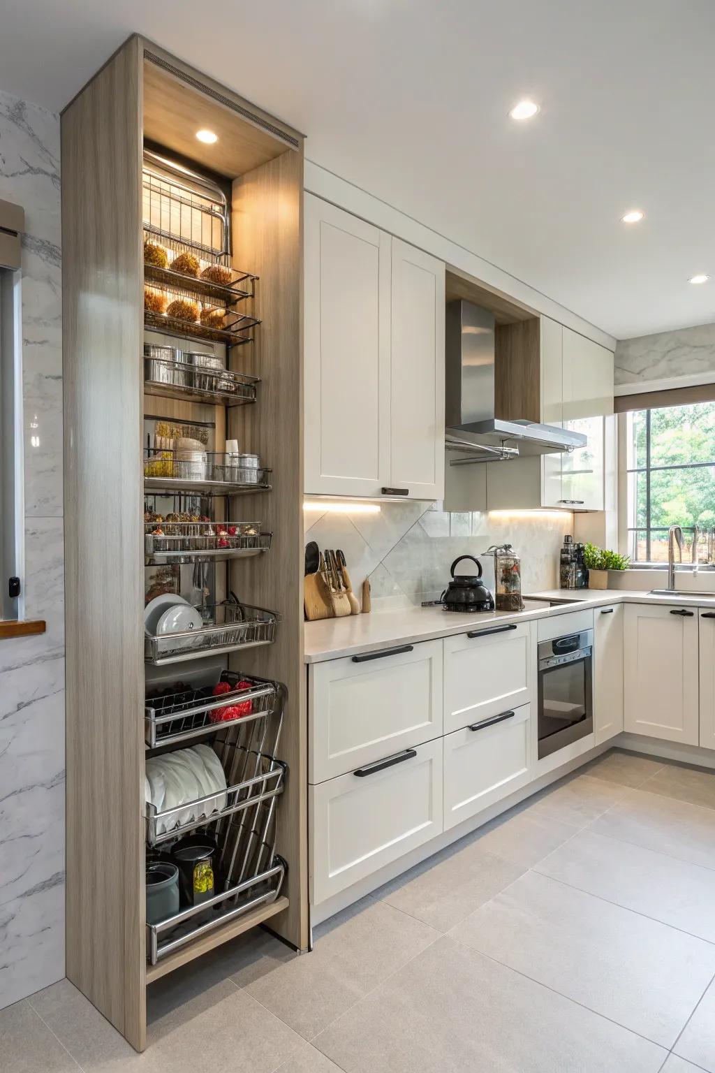Integrated layouts present a smooth and stylish solution for kitchen storage.