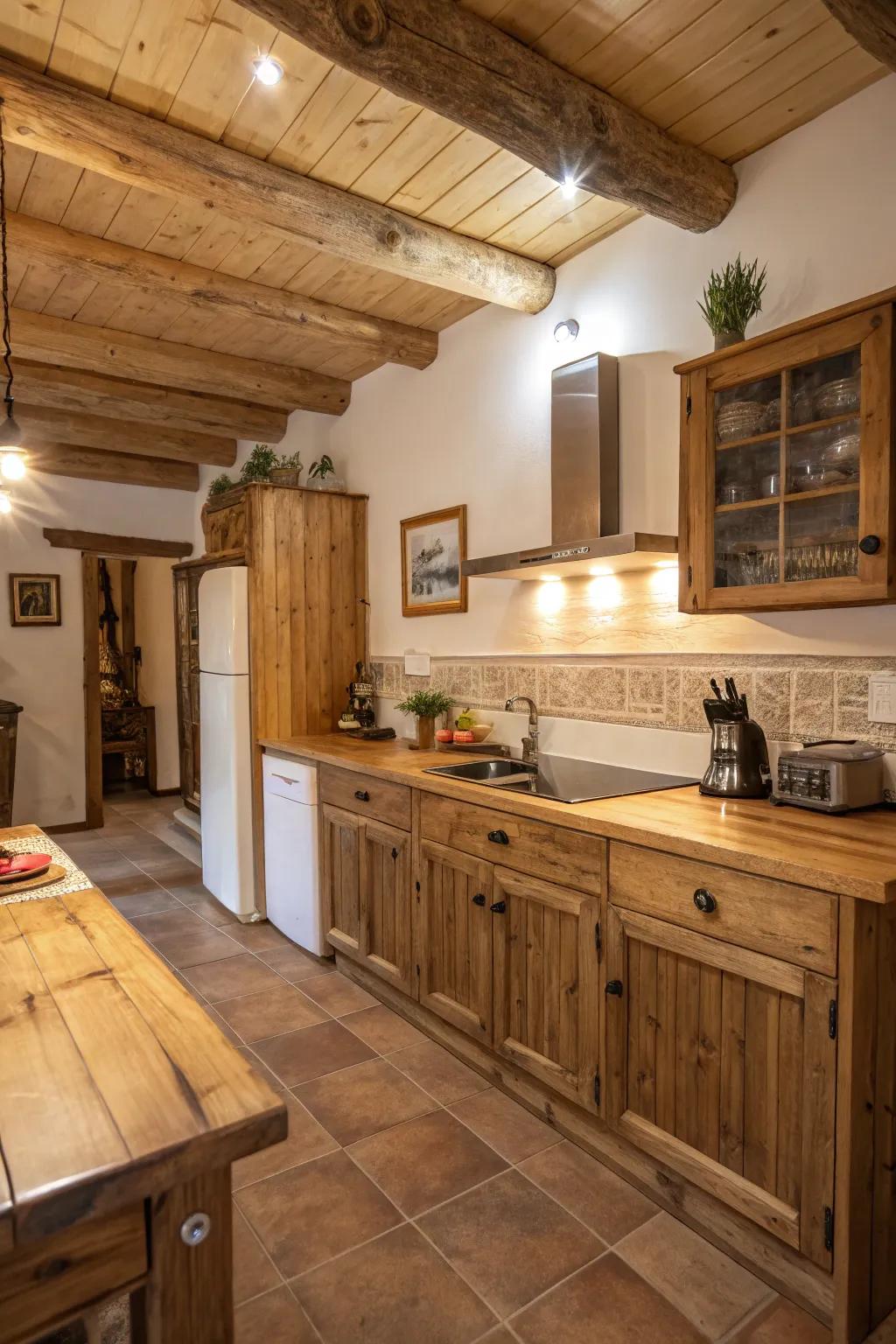 Unrefined timber features contributing coziness to the kitchen.