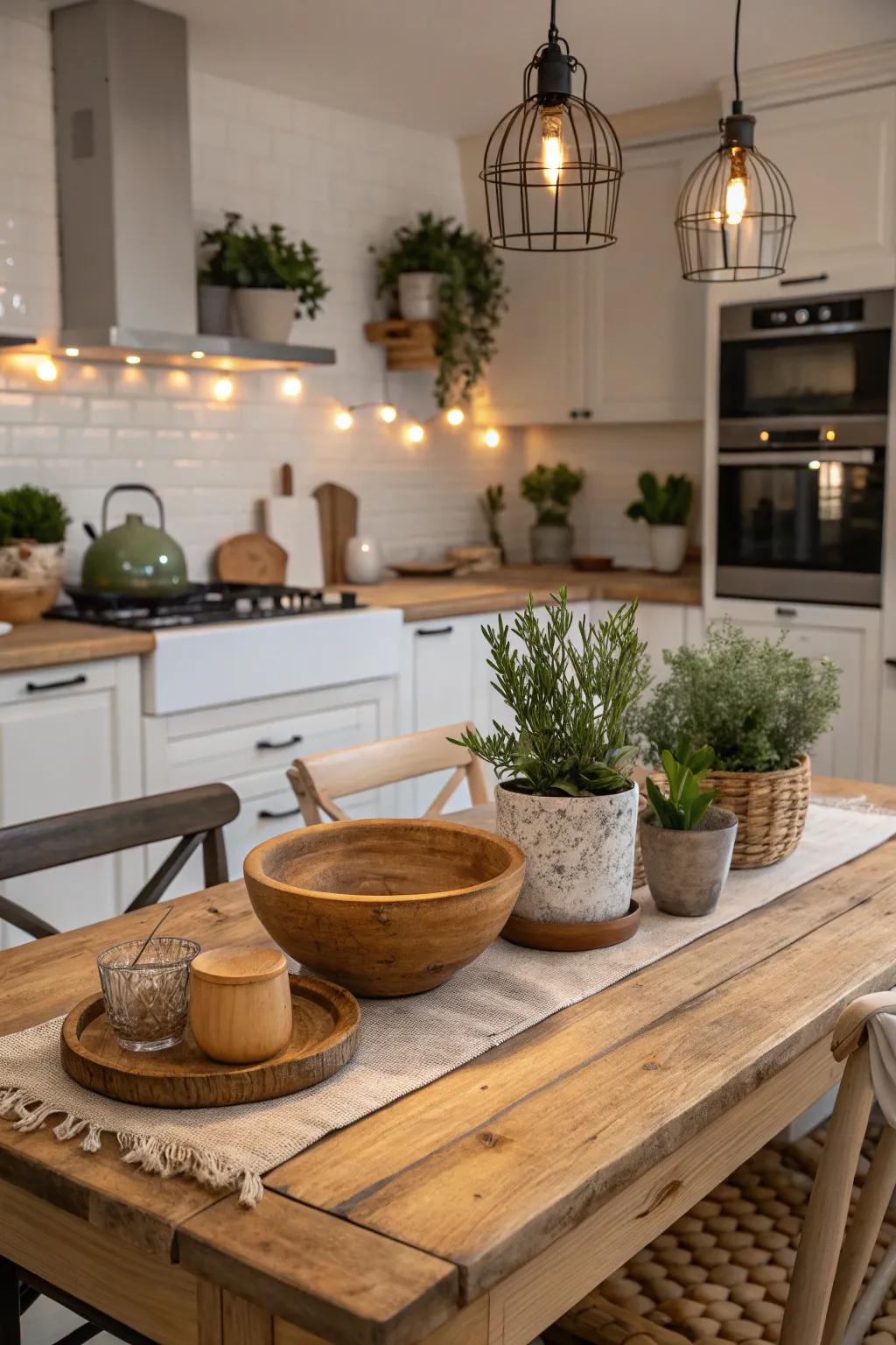Rustic tables bring warmth and appeal to contemporary kitchen areas.