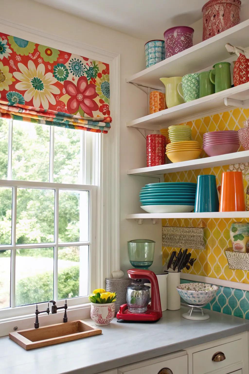 A bold backdrop shade injects vibrancy and personality into kitchen shelves.