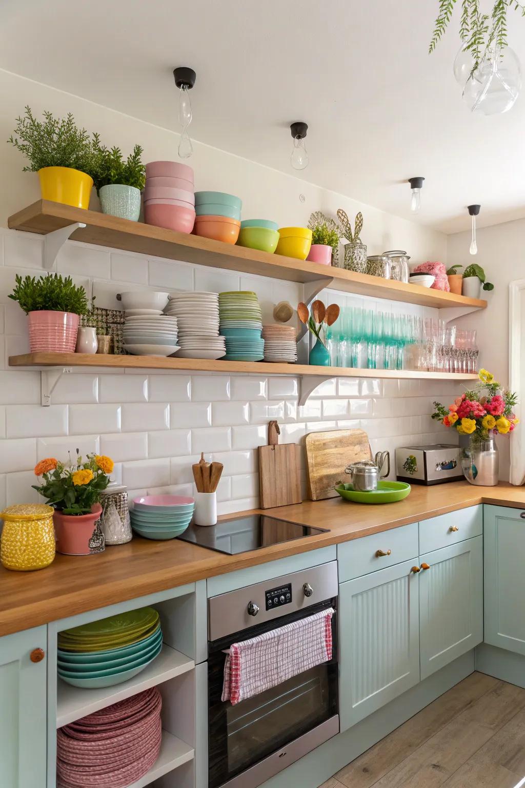 Harmonized shelves foster a harmonious kitchen aesthetic.