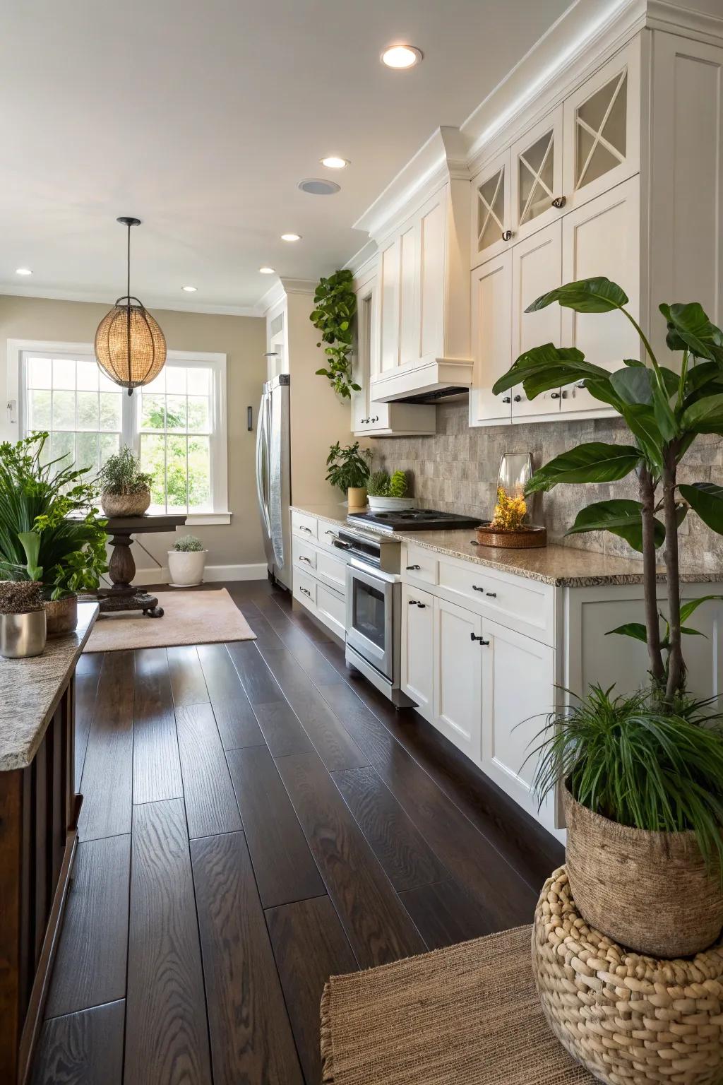 Houseplants bring vitality to this kitchen fitted with deep floors.