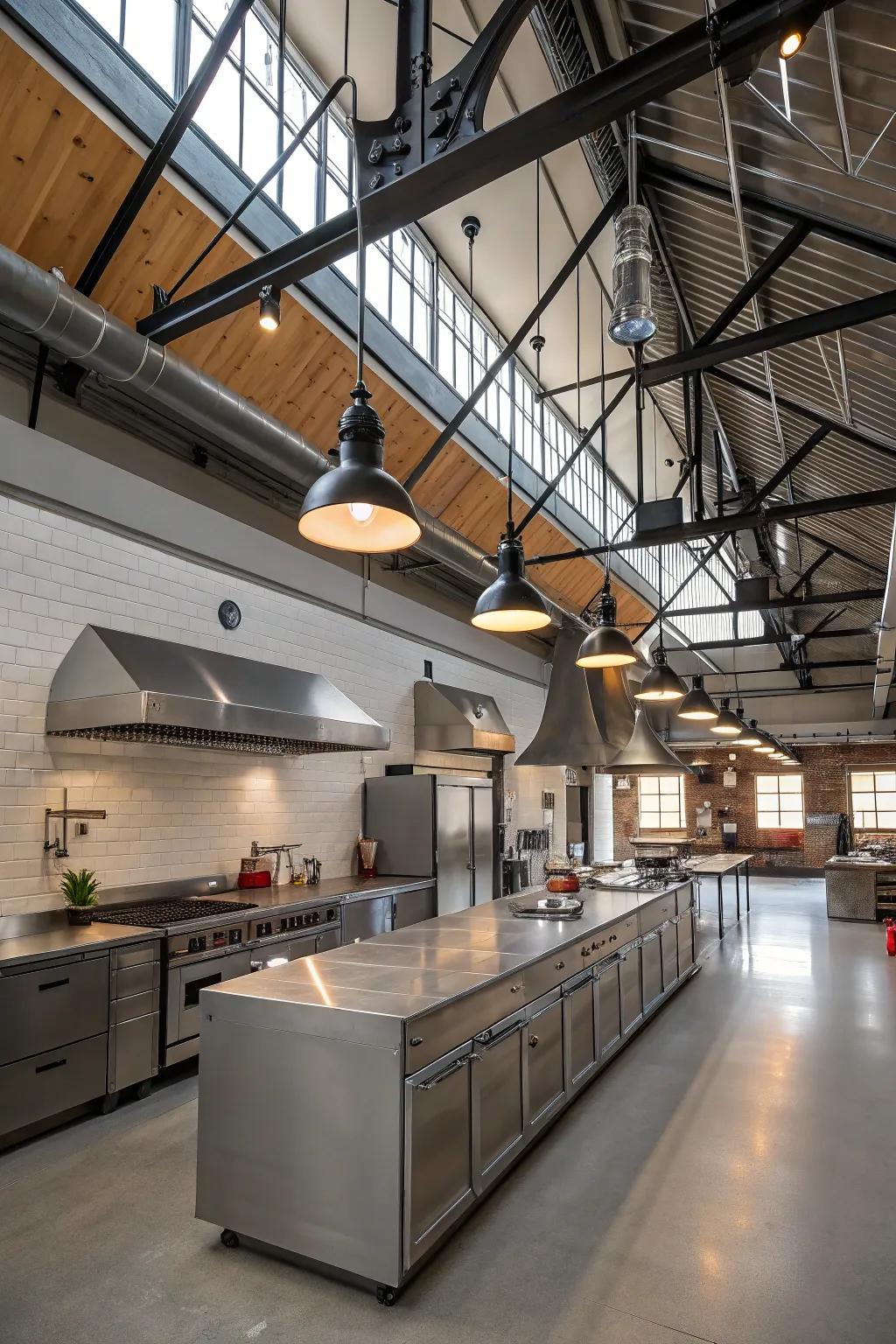 Factory touches contribute a modern flair to this kitchen with elevated ceilings.