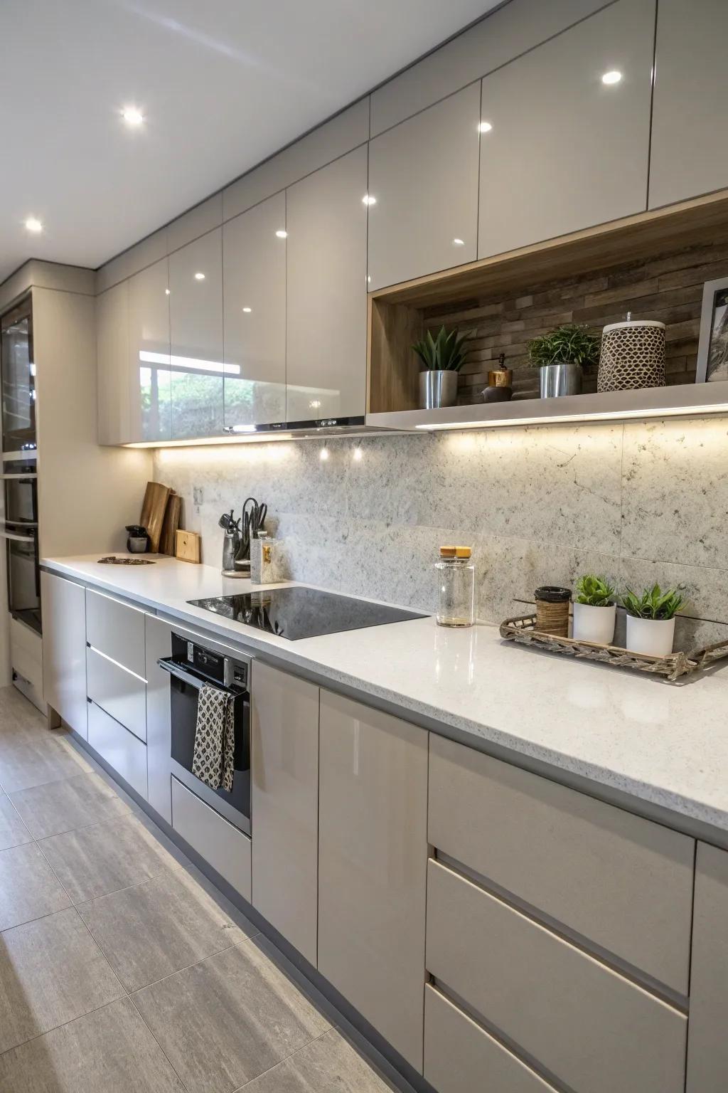 Seamless integration of quartz worktops and panel.