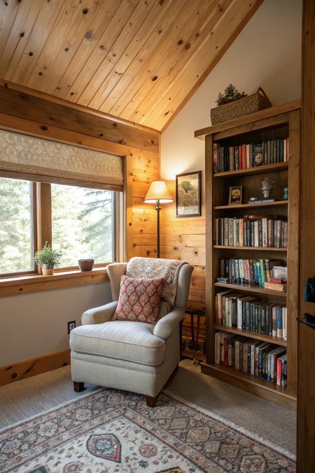 A comfortable nook defined by the comfort of a pine clad ceiling.