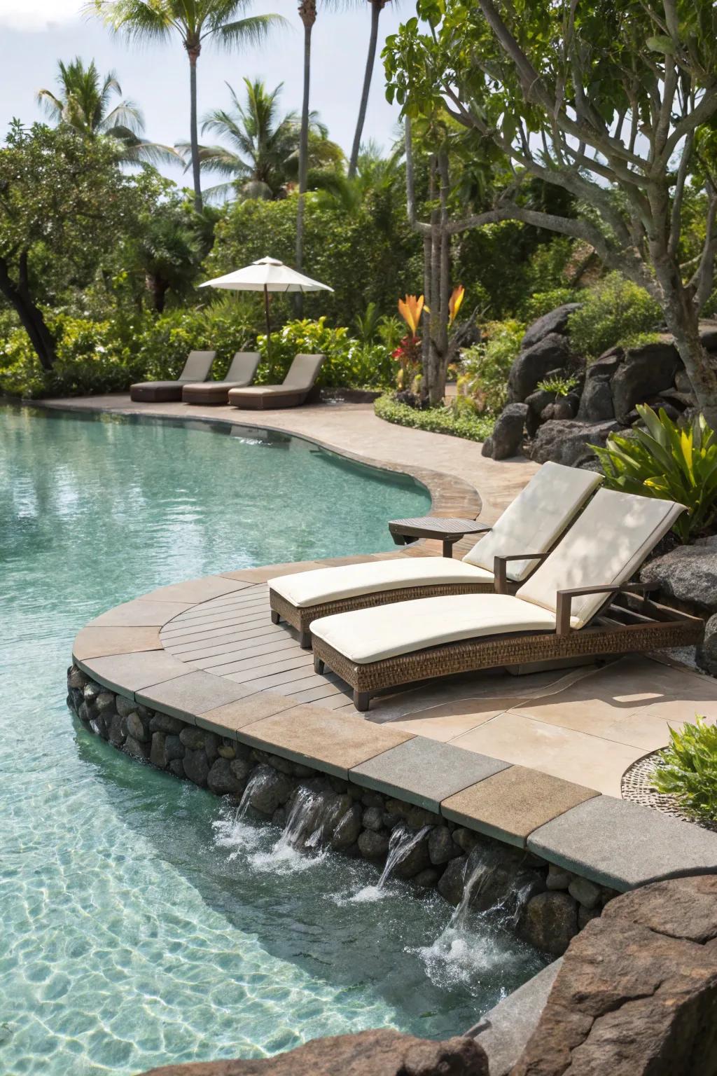 Sun platforms provide a relaxing space to lounge in lagoon pools.