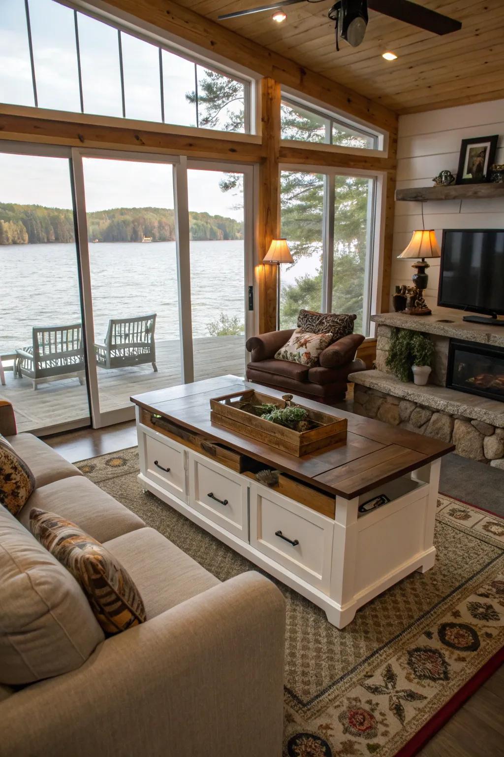 Multi-functional furnishings maximize utility and area.