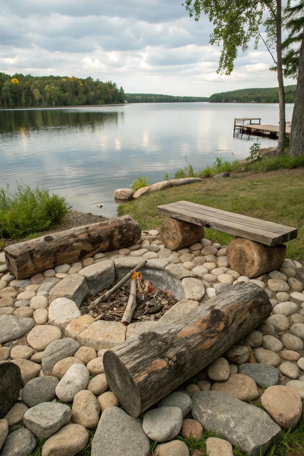 Rustic tree-trunk seats furnish an organic and inviting bench preference.