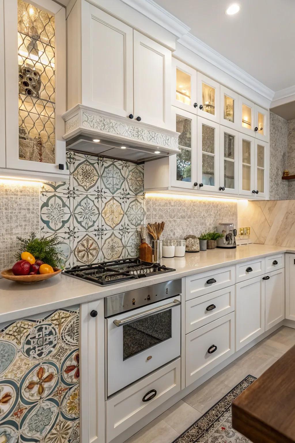 Compose intrigue using an integrate and coordinate design layered backsplash.