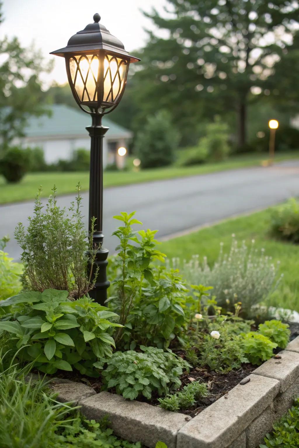 A functional culinary garden surrounding a lamp post.