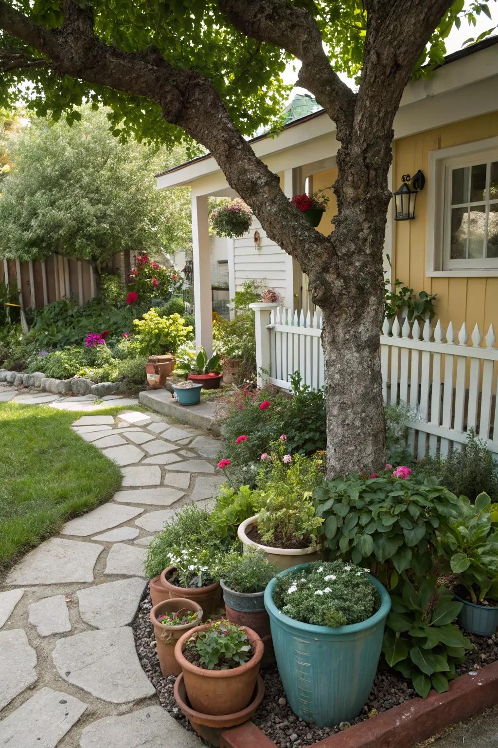 A tree circled by vibrant container gardens, provisioning seasonal adaptability.