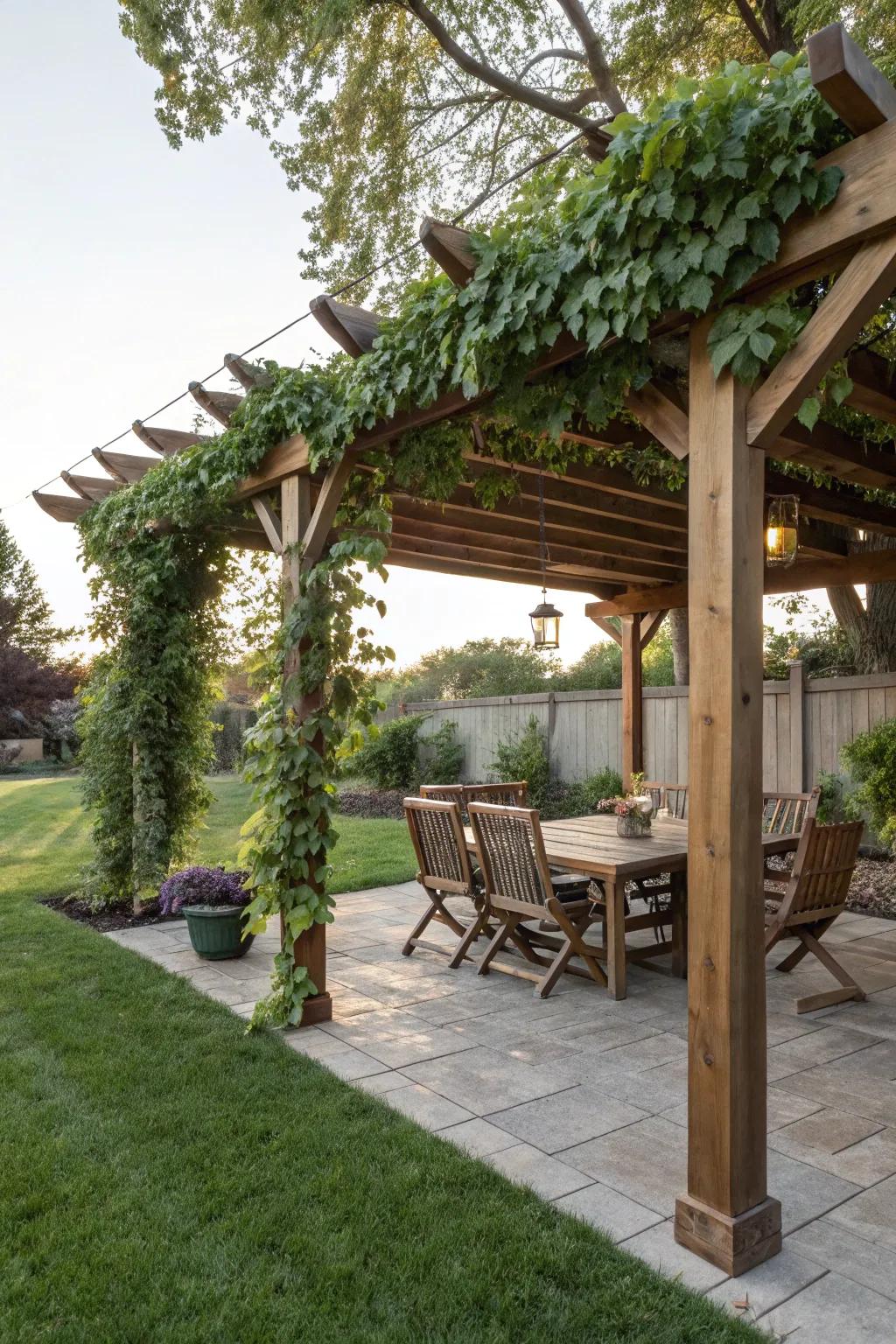 A timber structure creates a soothing garden getaway.