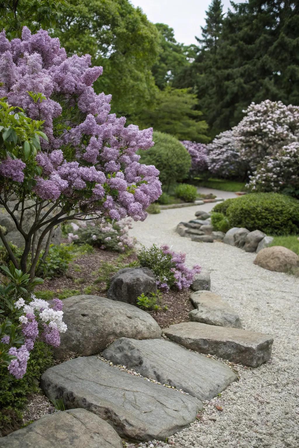 Lilacs contribute gentleness and color to a stone garden setting.