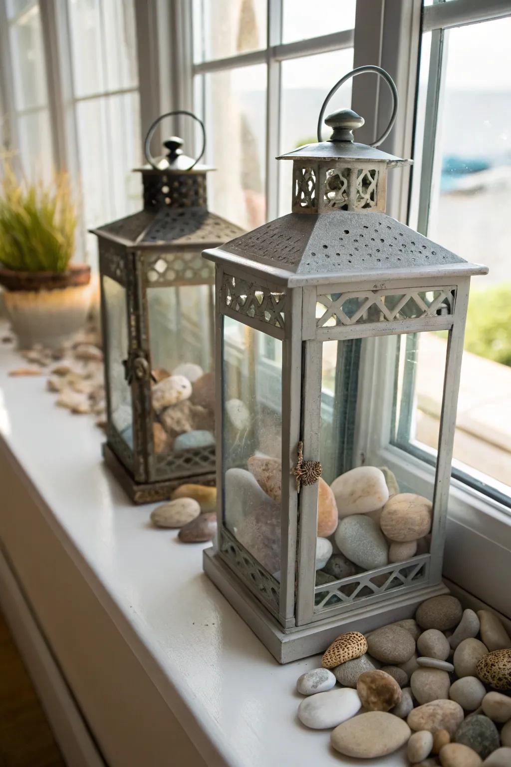 Lanterns enriched with organic accents bring the outdoors inside.
