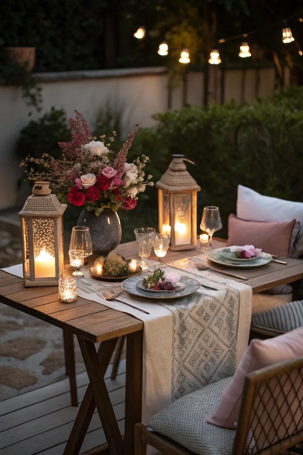 Set a romantic ambiance with softly lit lanterns.