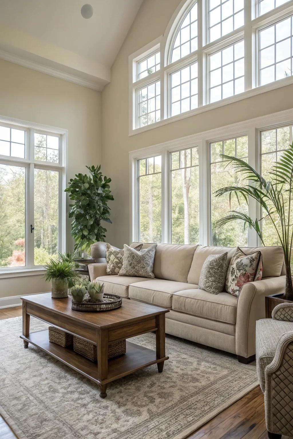 A balanced neutral scheme showcasing the vistas through expansive windows.