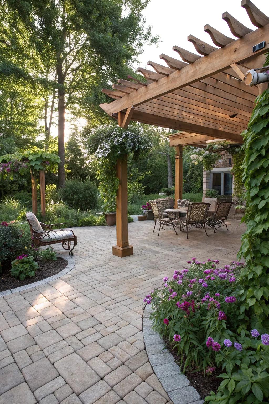 A pergola brings both practicality and charm to this patio.