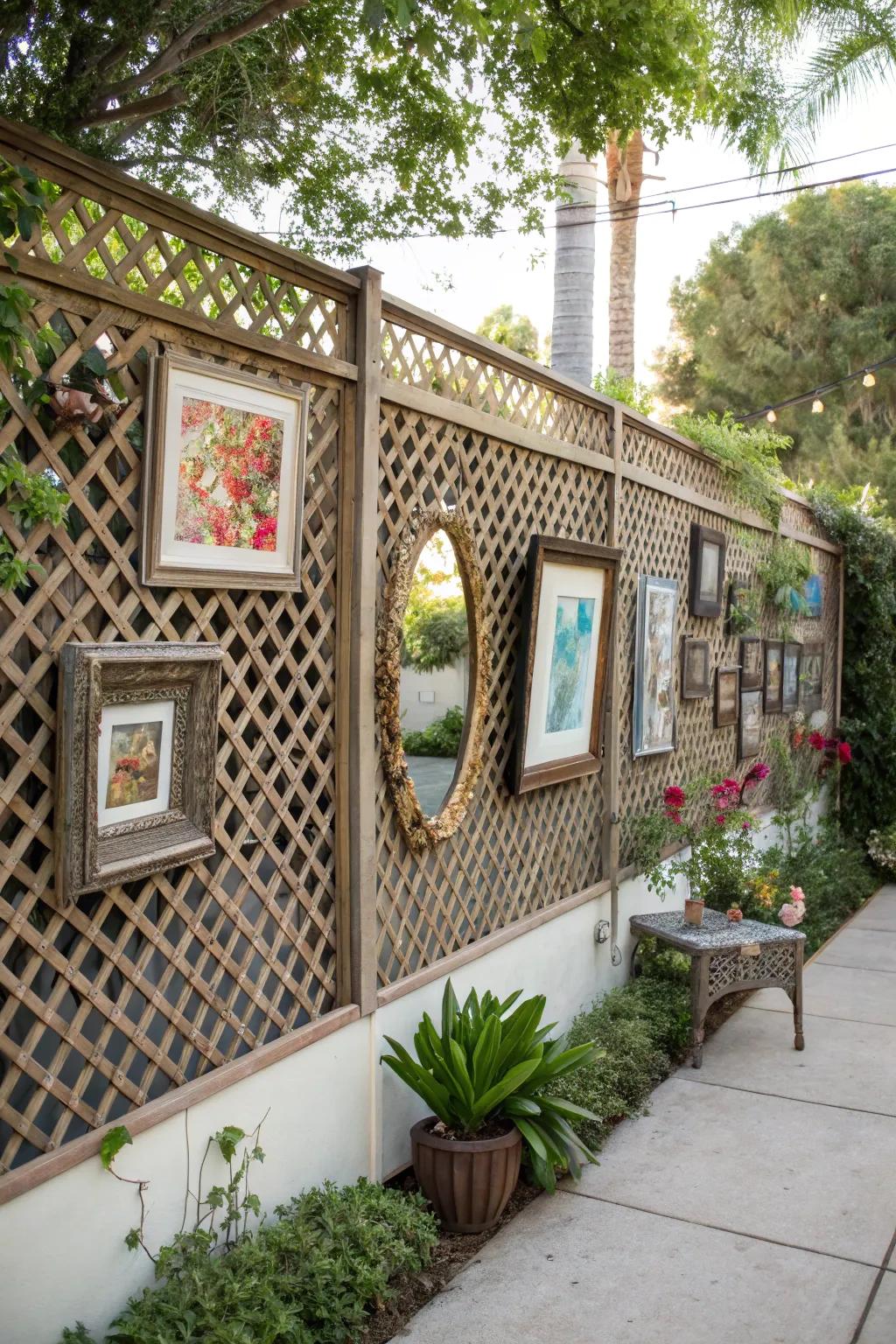Enhance garden walls with lattice-framed decor.