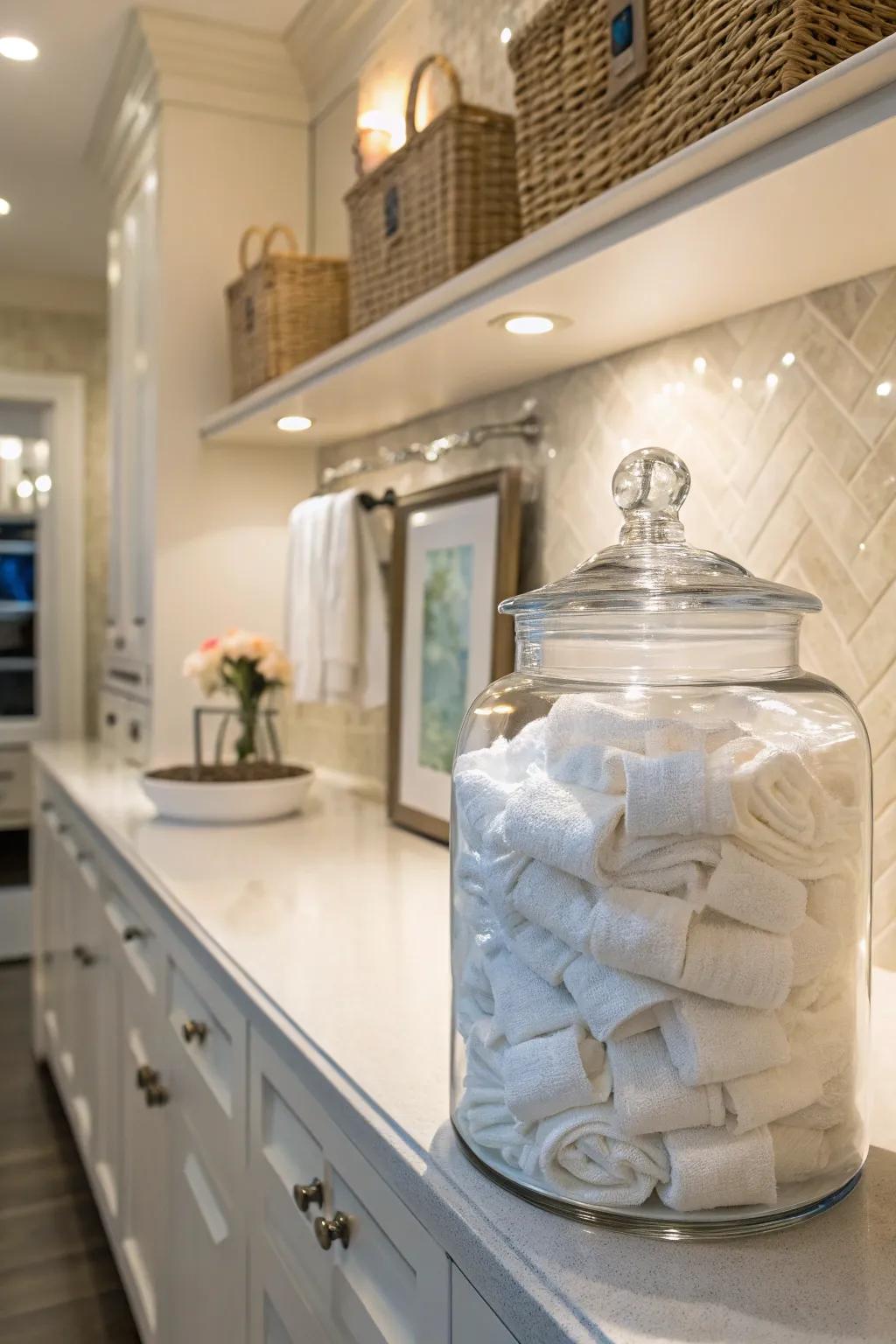 A large vessel elegantly stores dryer linens within reach.