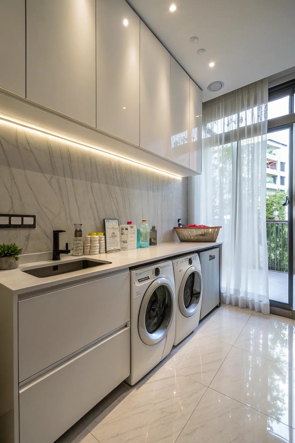Under-cabinet lights introduce modern functionality.