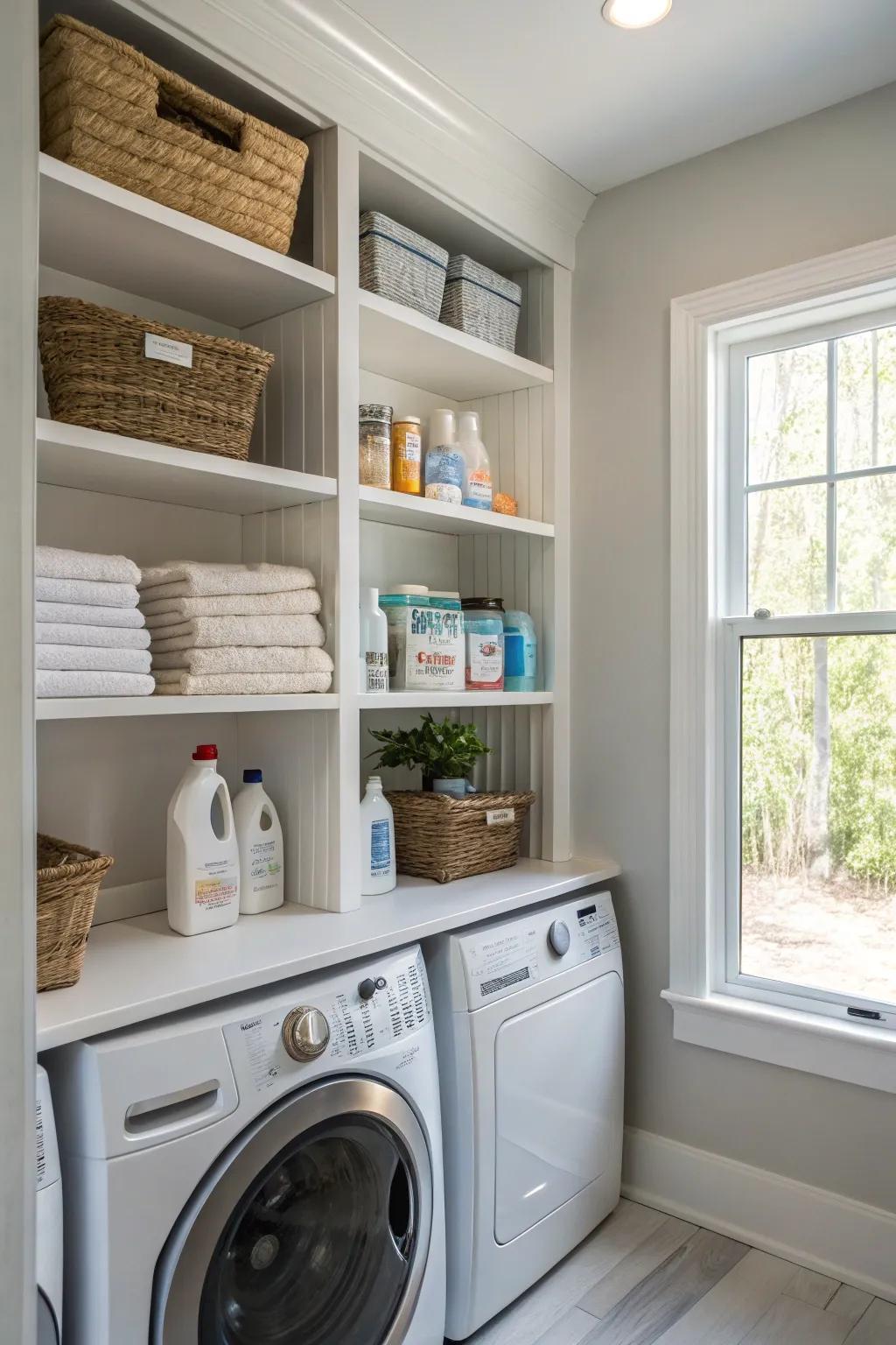 Integrated shelves provide efficient storage solutions.