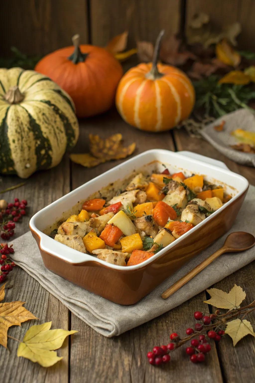 Autumn vegetable turkey casserole honors the fall bounty.